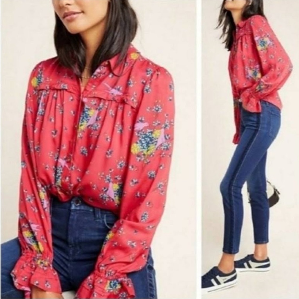 Anthropologie Maeve Red Button Up Blouse with Floral and Bird print, Size Small